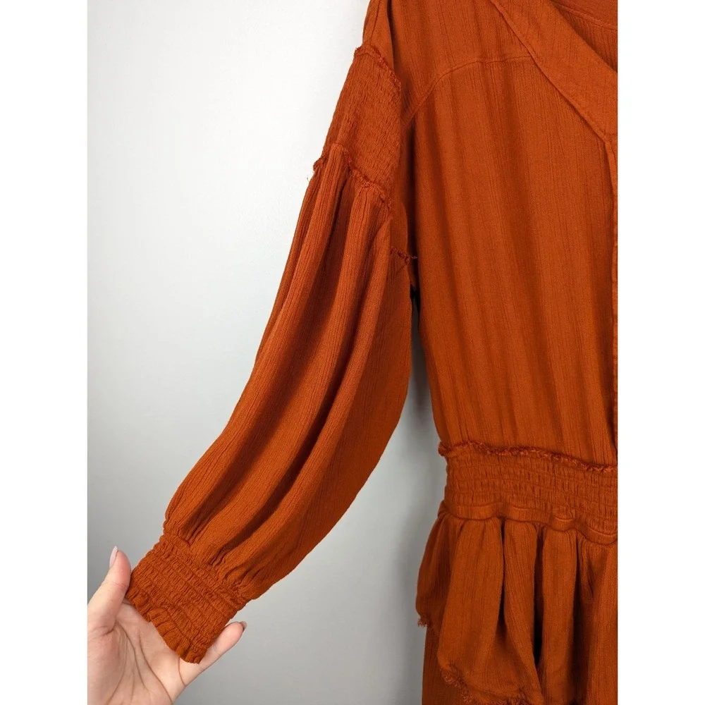 Free People Womens Romy Mini Dress XS Smocked Ruffle Tiered Orange Boho Festival
